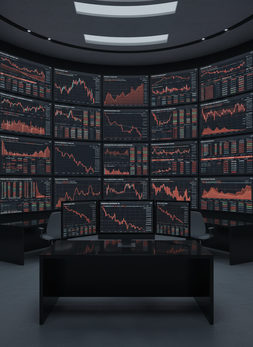 A large, ultra-modern trading floor without any people, dominated by a massive curved wall of screens showing complex financial dashboards. Deep red and muted orange line graphs slope sharply downward, overlaid on clean dark interfaces with subtle gridlines and numeric columns. A sleek, reflective black glass desk in the foreground holds a high-end monitor displaying a clear multi-panel view of falling share price, declining quarterly revenue, and compressing gross margins. Cool, diffused overhead lighting creates soft reflections on polished surfaces, with a low-contrast, professional mood. Photographic realism, shot from a slightly elevated wide angle, sharp focus throughout, conveying analytical rigor and the idea of a systematic index of struggling companies rather than generic stock imagery.