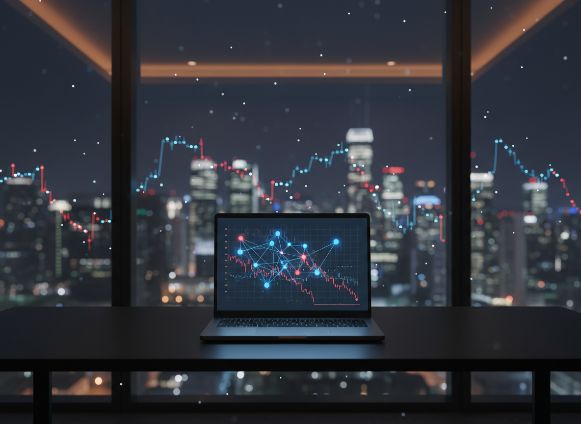 A nighttime cityscape seen from a high-rise office window, rendered in photographic realism, where the lights of skyscrapers subtly form downward-sloping patterns reminiscent of declining graphs. In the foreground, inside the office, a minimalist black desk holds a laptop open to an intricate, text-free visualization of an index: interconnected nodes representing companies, with the dimmer nodes linked to lines trending downward for revenue and margins. The laptop screen casts a cool blue glow on the matte desktop, while scattered reflections from the city lights shimmer on the window glass. Soft, low-key interior lighting maintains a contemplative, analytical atmosphere. Shot from slightly behind and above the laptop, with the city softly blurred, highlighting the concept of mapping corporate decline across a complex economic landscape.