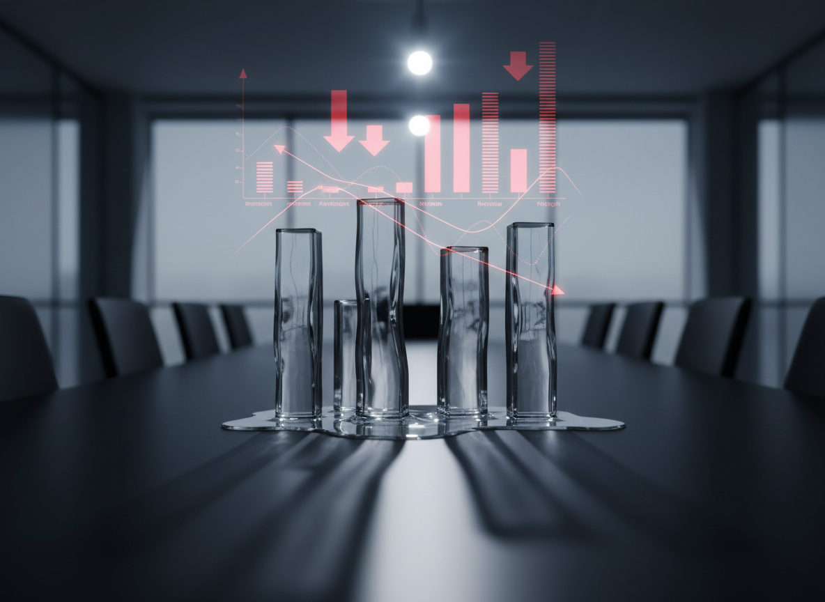 An abstract but photographic office environment featuring a transparent acrylic model of a city skyline on a matte black table, where several clear tower-like blocks are partially melted or visibly shrinking. Subtle, holographic-style financial overlays float above the buildings, showing red downward arrows, bar segments receding, and thin revenue and margin lines curving lower, all stylized without text or real logos. Cool white directional lighting from above and behind creates crisp reflections and elongated shadows across the table’s surface, adding depth and drama. Captured from a low, cinematic angle with a focused foreground and slightly blurred background, the mood is analytical, sober, and forward-looking, symbolizing companies losing financial stature within a structured index.