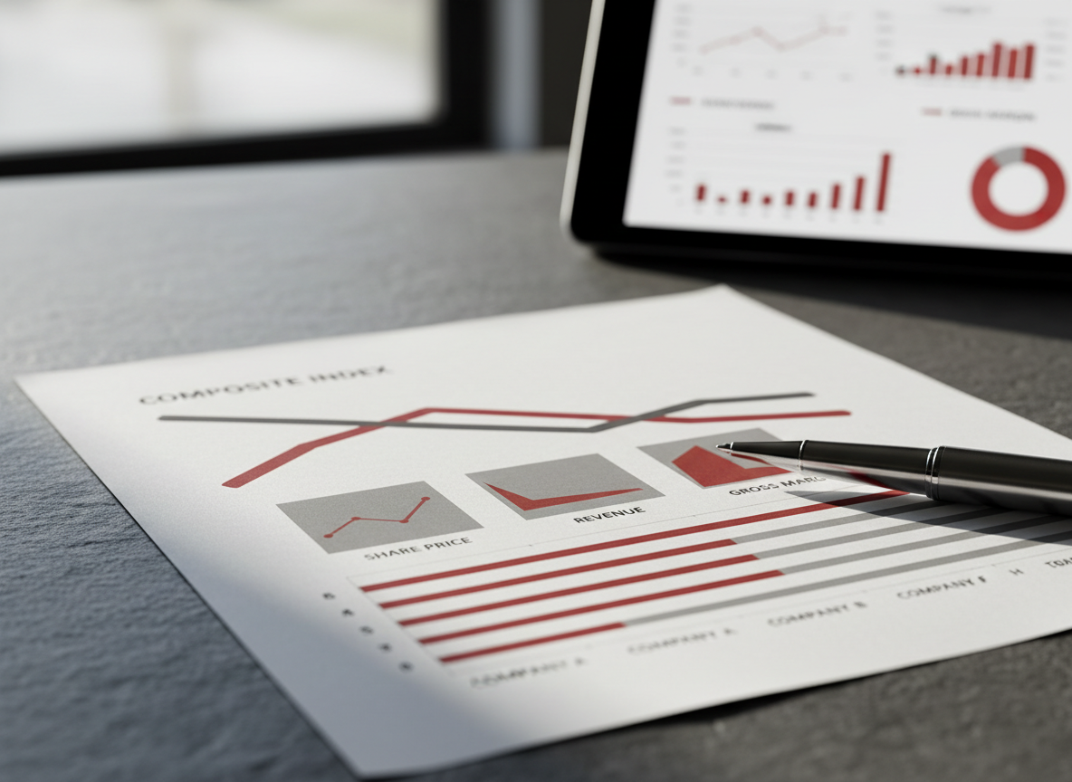 A high-contrast, photographic macro shot of a printed analytical report lying on a slate-gray surface, its pages slightly curled. The visible page shows a clean, minimalist layout: a bold downward-sloping composite index line, three smaller charts for share price, revenue, and gross margin, and a series of neutral, anonymized bars ranked from left to right, all rendered with restrained reds and cool grays. A sleek metal pen rests diagonally across the page, and in the soft-focus background sits a tablet displaying a similar dashboard. Natural, diffused window light from the left creates gentle highlights on the paper’s texture and pen, with subtle shadows adding depth. The mood is meticulous, data-driven, and quietly urgent, ideal for conveying in-depth company index analysis.