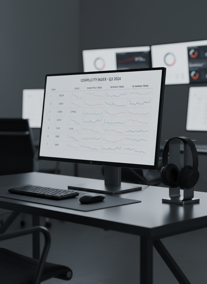 A close-up, photographic view of a minimalist, dark metal desk setup in a quiet office, centered on a high-resolution monitor displaying a ranked table of anonymized company tickers. Each row features small, clean sparkline charts sloping downward for share price, revenue, and gross profit margin, with subtle color accents in reds and desaturated blues. The background shows additional blurred monitors with similar analytical layouts, not recognizable as real brands. Cool, neutral studio-style lighting from the side creates gentle highlights on brushed metal surfaces and casts soft shadows, giving a calm, highly professional atmosphere. Shot at eye level with shallow depth of field, emphasizing the precision and seriousness of the Complicity Index’s ranking and analysis.