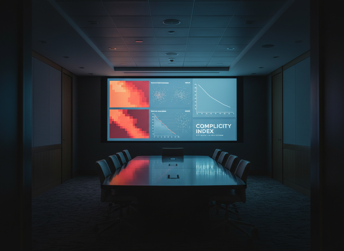 A dimly lit conference room with a long, dark wood table and a large wall-mounted display at the far end, showing a multi-panel dashboard dedicated to distressed companies. One panel features a heatmap of sectors fading from dull orange to deep red, another shows clustered scatterplots of declining margins versus revenue drops, and a third displays an index curve trending lower over time. All visuals are stylized and data-centric, avoiding identifiable brands or text. Soft, cool overhead lighting and a subtle glow from the screen illuminate the room, creating a focused, contemplative mood. Photographic realism, shot from the doorway with a central vanishing point down the table, highlighting the seriousness of strategic analysis around the Complicity Index.